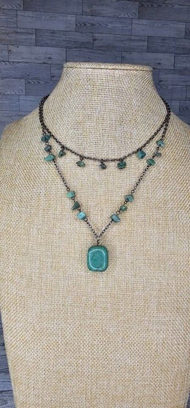 Natural Jadeite Layered Necklace Gun Metal Chain Large Square Pendant 14 1/2"L